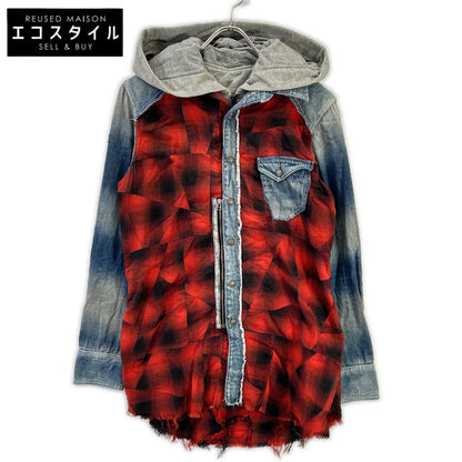 14th Addiction フォーティーンスアディクション レッド フード付き チェックシャツ トップス