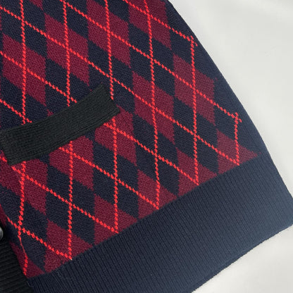 MIUMIU Miu Miu navy MMF872 embroidered-logo argyle V-neck cardigan top
