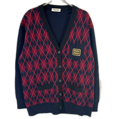 MIUMIU Miu Miu navy MMF872 embroidered-logo argyle V-neck cardigan top