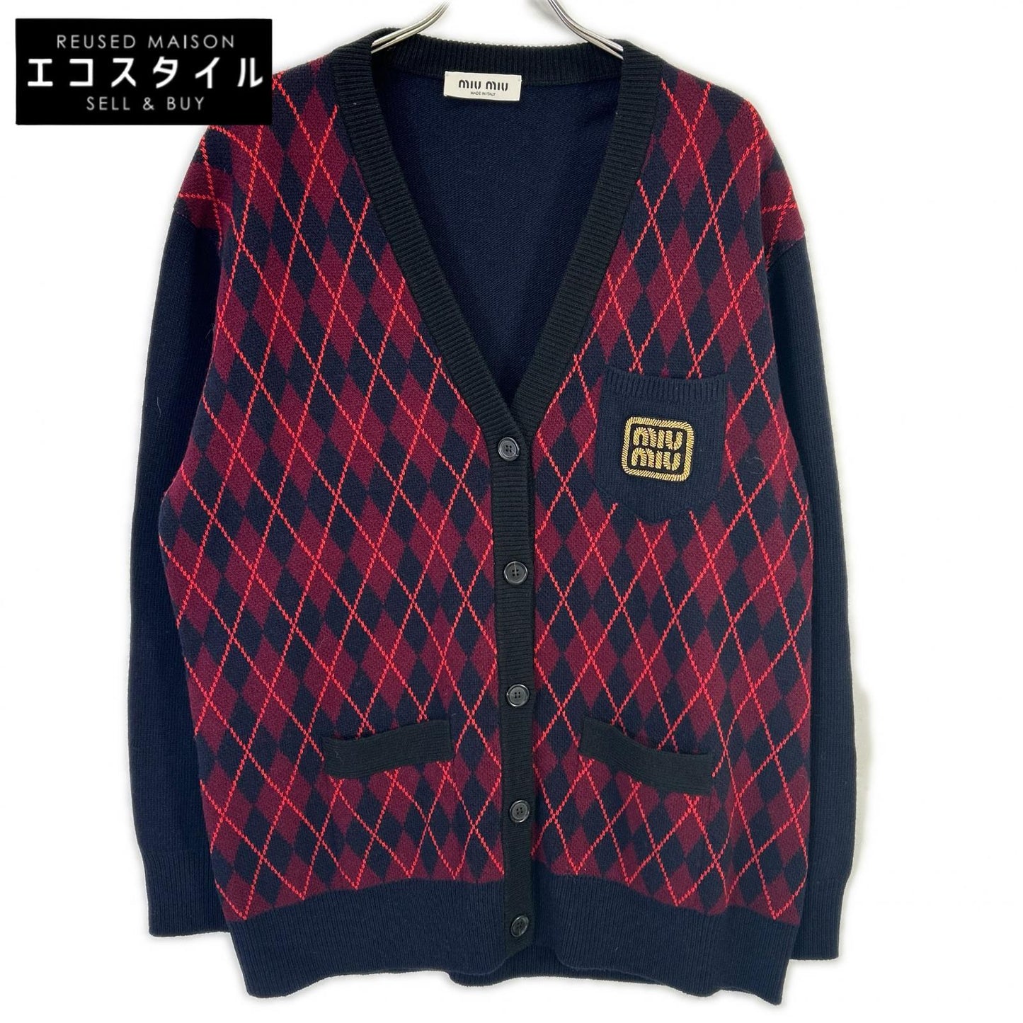 MIUMIU Miu Miu navy MMF872 embroidered-logo argyle V-neck cardigan top