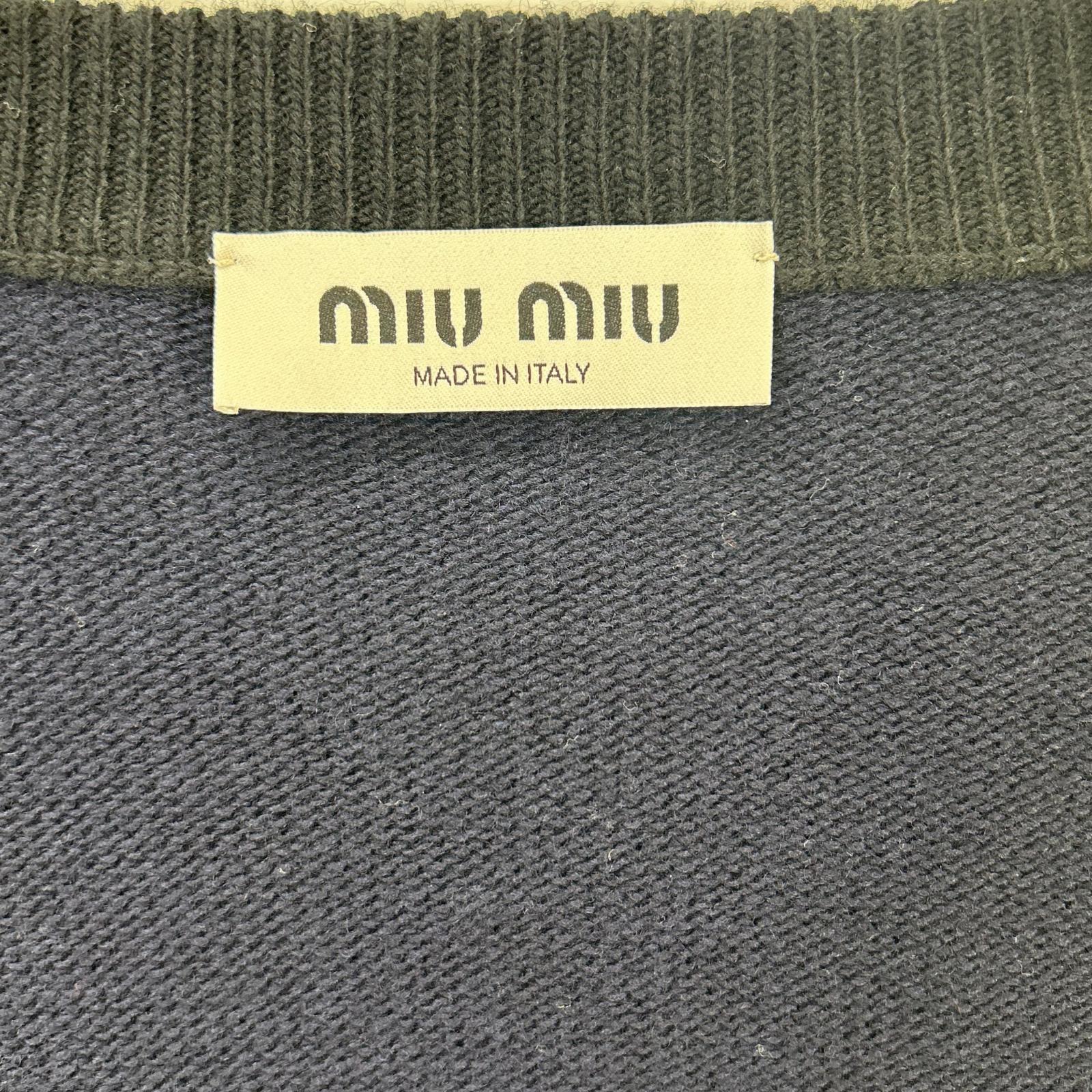 MIUMIU Miu Miu navy MMF872 embroidered-logo argyle V-neck cardigan top