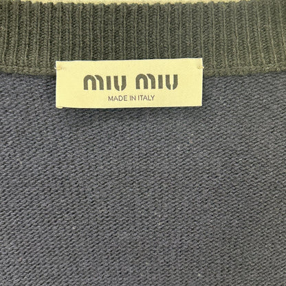 MIUMIU Miu Miu navy MMF872 embroidered-logo argyle V-neck cardigan top