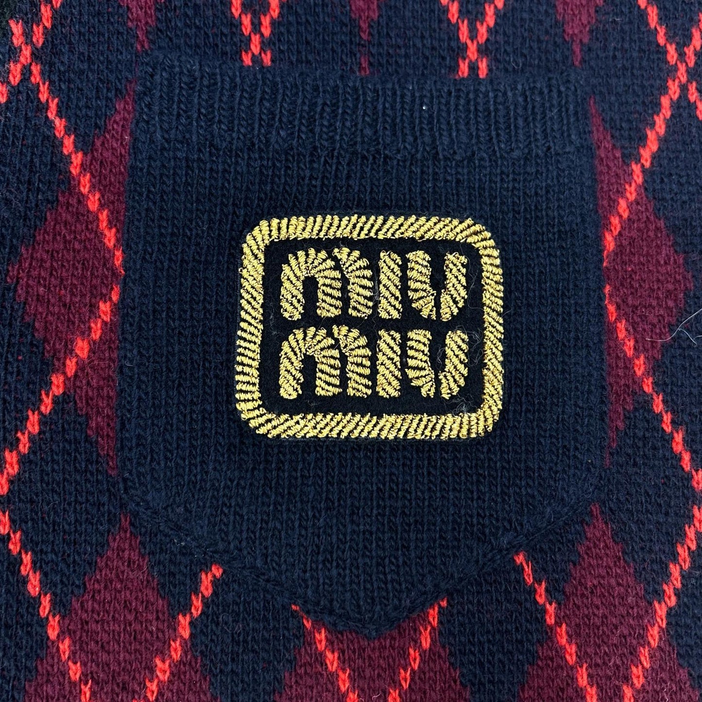 MIUMIU Miu Miu navy MMF872 embroidered-logo argyle V-neck cardigan top