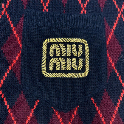MIUMIU Miu Miu navy MMF872 embroidered-logo argyle V-neck cardigan top
