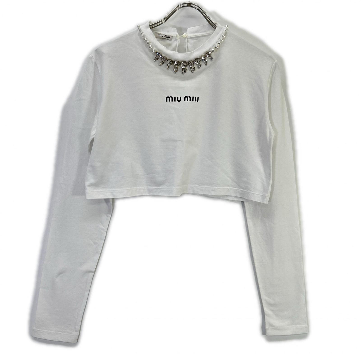 MIUMIU Miu Miu White 2021 MJL783 Logo Cropped Long-Sleeve T-Shirt with Pearl and Crystal Embellishments Tops