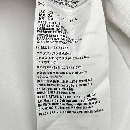 MIUMIU ミュウミュウ ホワイト 21年 MJL783 パール×クリスタルビジュー付き ロゴ クロップド丈長袖Tシャツ トップス