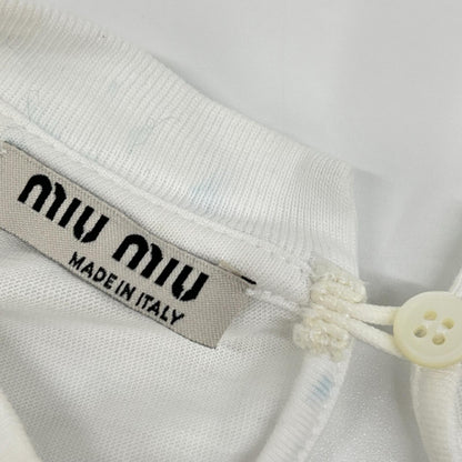 MIUMIU ミュウミュウ ホワイト 21年 MJL783 パール×クリスタルビジュー付き ロゴ クロップド丈長袖Tシャツ トップス