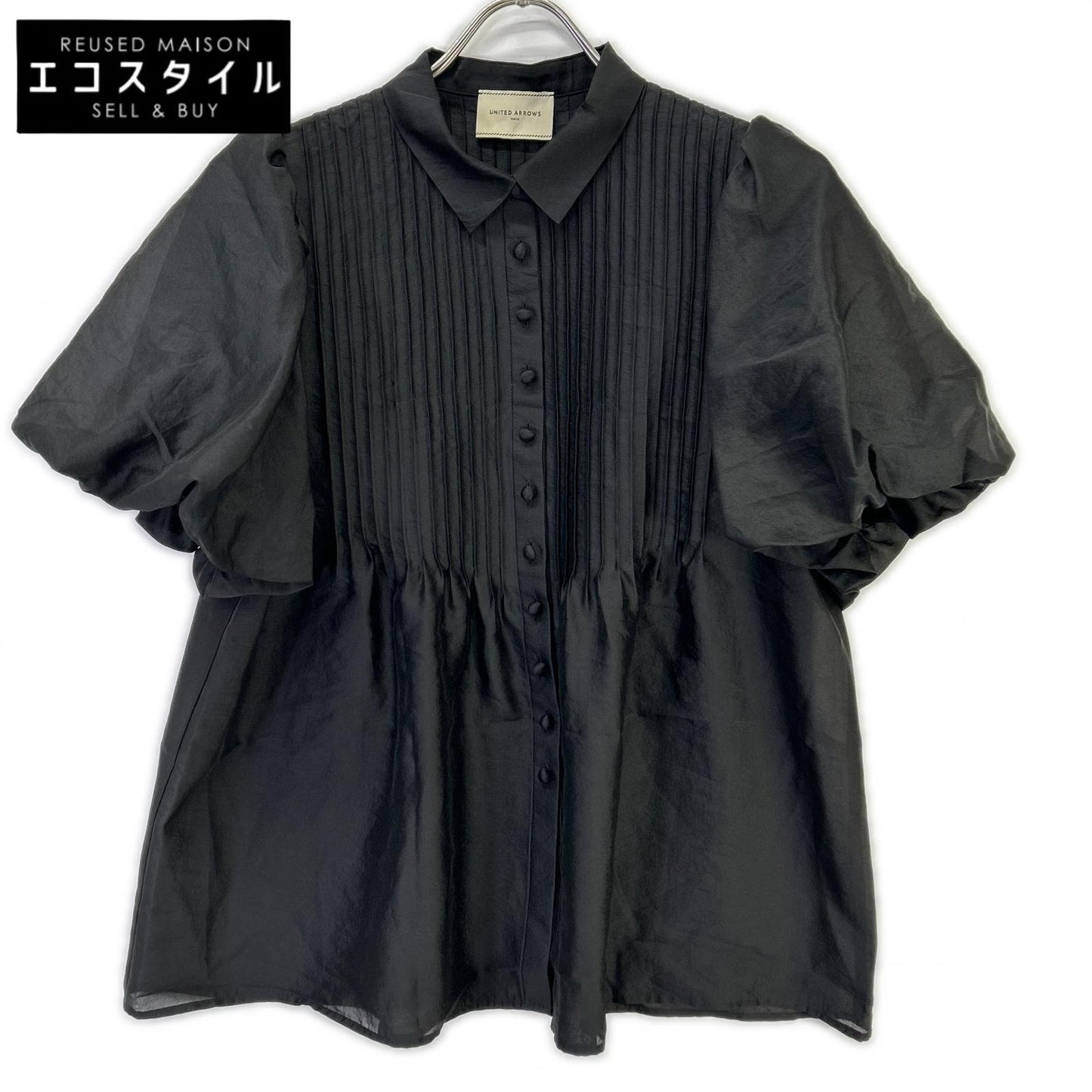 UNITED ARROWS ユナイテッドアローズ 1516-1-6621656 ブラック シルキーピンタック ショートスリーブ ブラウス トップス