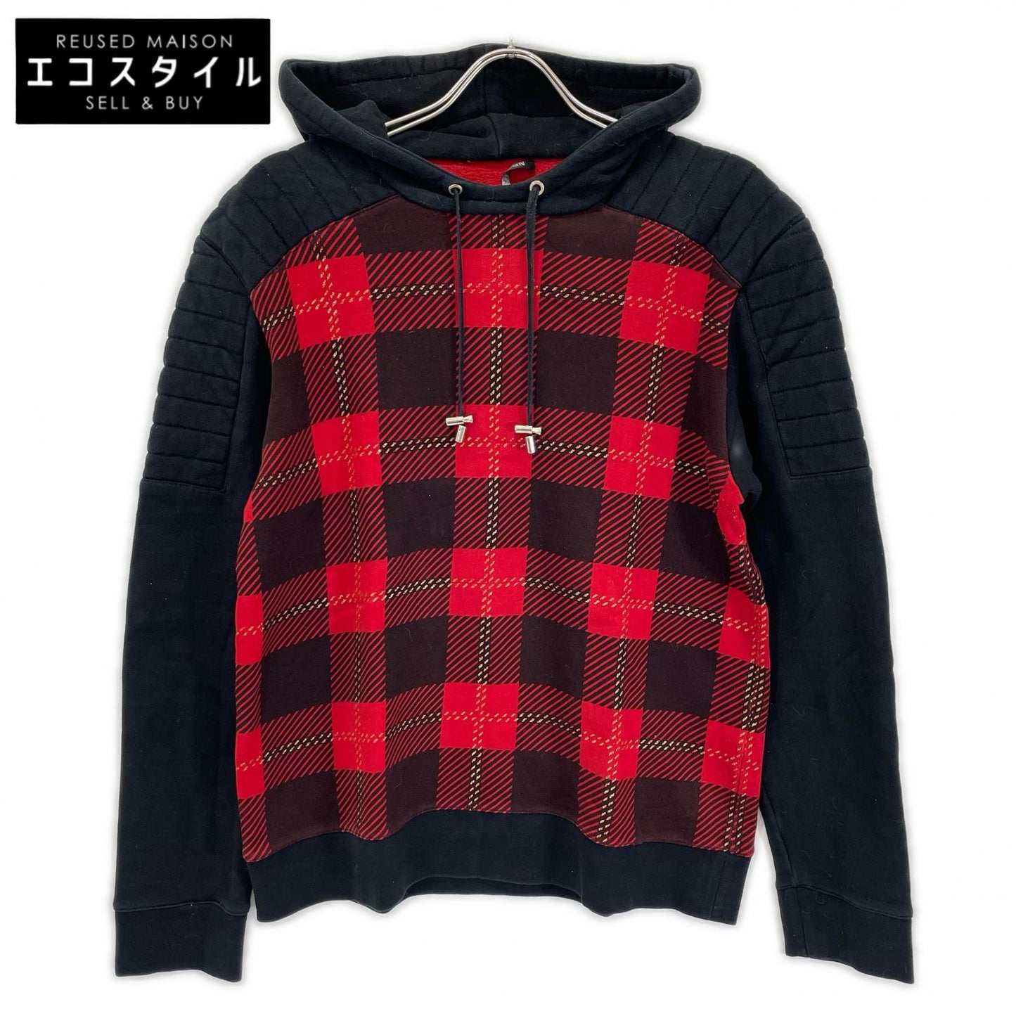 BALMAIN バルマン レッド チェック 切り替えパーカー トップス