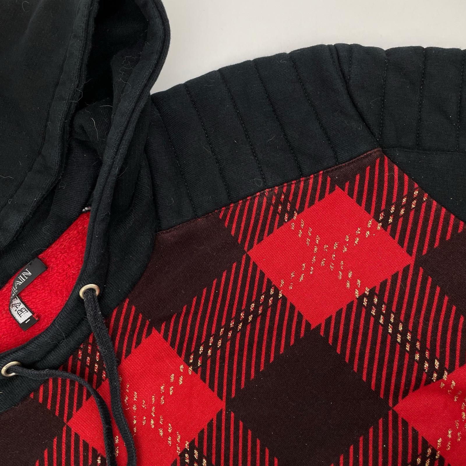 BALMAIN バルマン レッド チェック 切り替えパーカー トップス
