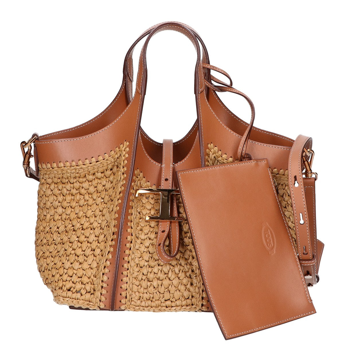 TOD'S トッズ 美品 XBWTSBAR100RGM0XM5 T タイムレス ラフィア＆レザー ショッピング バッグ ミニ 2WAY ハンドバッグ