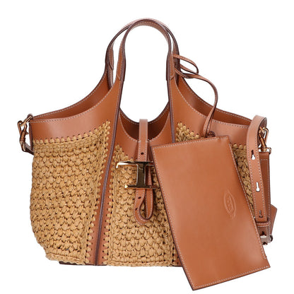 TOD'S トッズ 美品 XBWTSBAR100RGM0XM5 T タイムレス ラフィア＆レザー ショッピング バッグ ミニ 2WAY ハンドバッグ