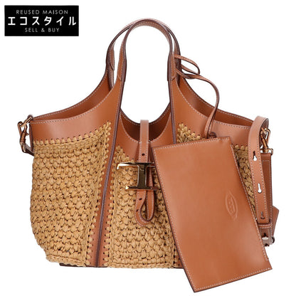 TOD'S トッズ 美品 XBWTSBAR100RGM0XM5 T タイムレス ラフィア＆レザー ショッピング バッグ ミニ 2WAY ハンドバッグ