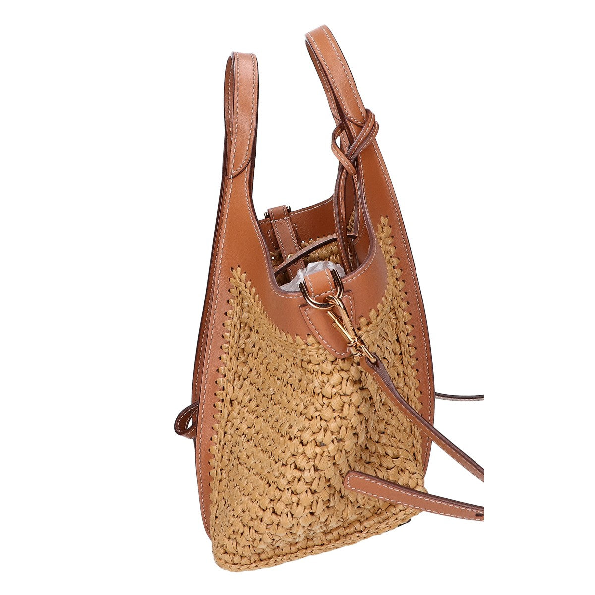 TOD'S トッズ 美品 XBWTSBAR100RGM0XM5 T タイムレス ラフィア＆レザー ショッピング バッグ ミニ 2WAY ハンドバッグ