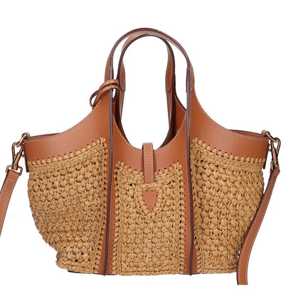 TOD'S トッズ 美品 XBWTSBAR100RGM0XM5 T タイムレス ラフィア＆レザー ショッピング バッグ ミニ 2WAY ハンドバッグ