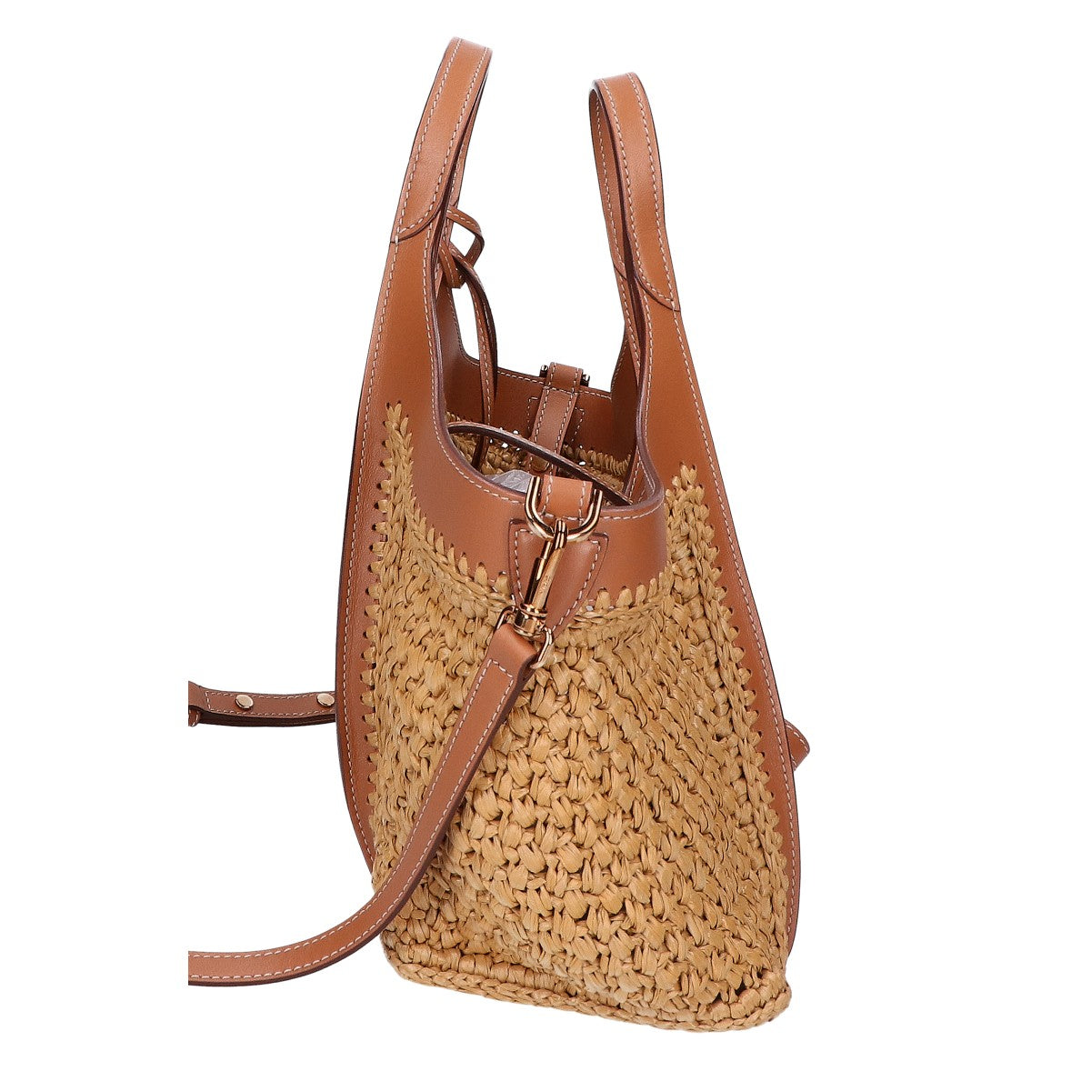 TOD'S トッズ 美品 XBWTSBAR100RGM0XM5 T タイムレス ラフィア＆レザー ショッピング バッグ ミニ 2WAY ハンドバッグ