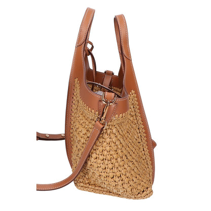 TOD'S トッズ 美品 XBWTSBAR100RGM0XM5 T タイムレス ラフィア＆レザー ショッピング バッグ ミニ 2WAY ハンドバッグ