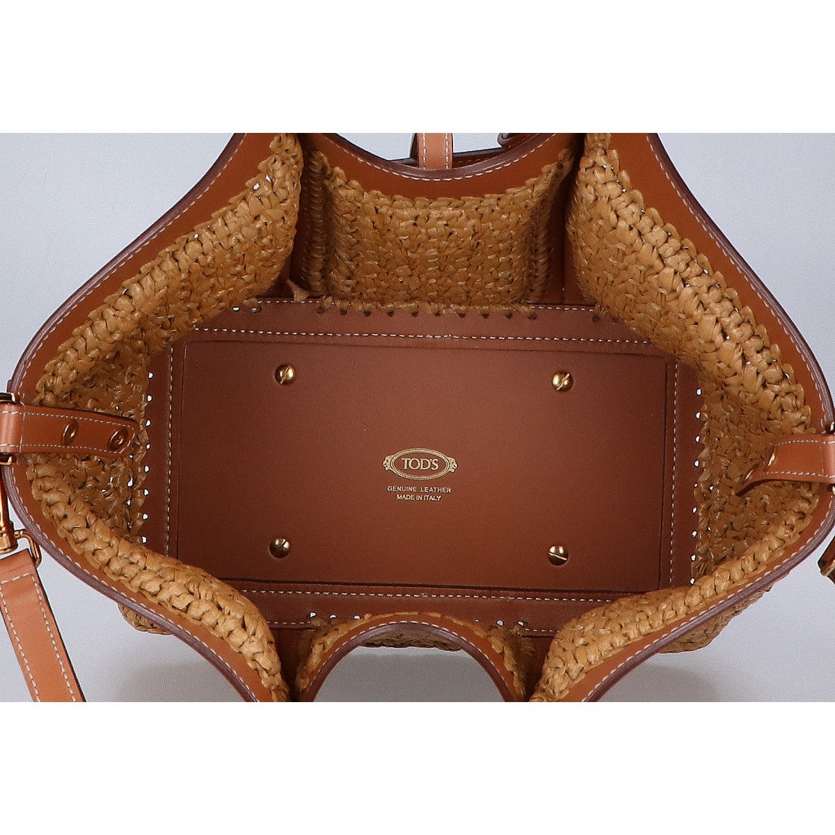 TOD'S トッズ 美品 XBWTSBAR100RGM0XM5 T タイムレス ラフィア＆レザー ショッピング バッグ ミニ 2WAY ハンドバッグ
