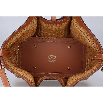 TOD'S トッズ 美品 XBWTSBAR100RGM0XM5 T タイムレス ラフィア＆レザー ショッピング バッグ ミニ 2WAY ハンドバッグ