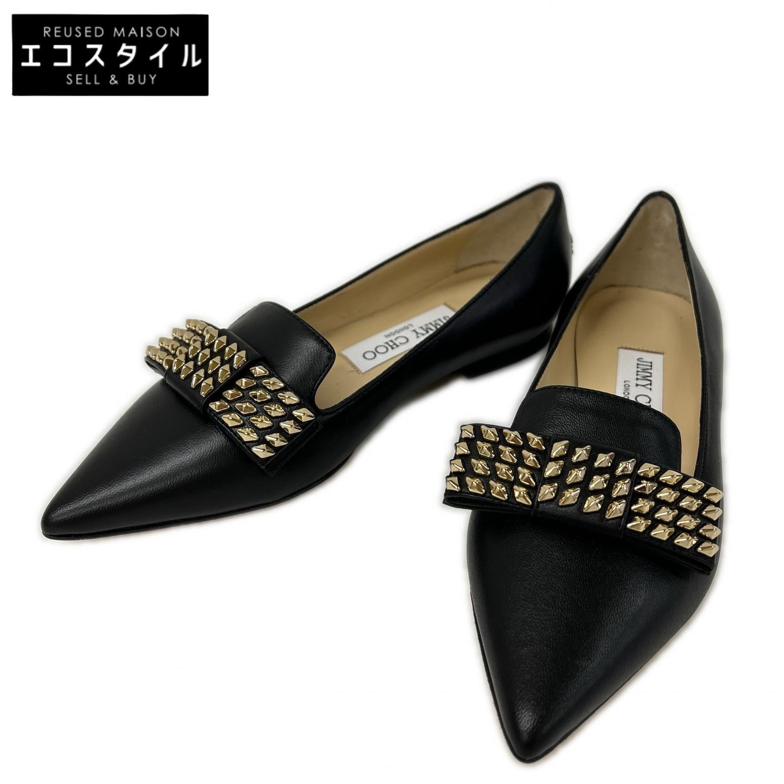 JIMMY CHOO ジミーチュウ 【新品同様】GALA スタッズ リボン ポインテッドトゥ フラット シューズ シューズ