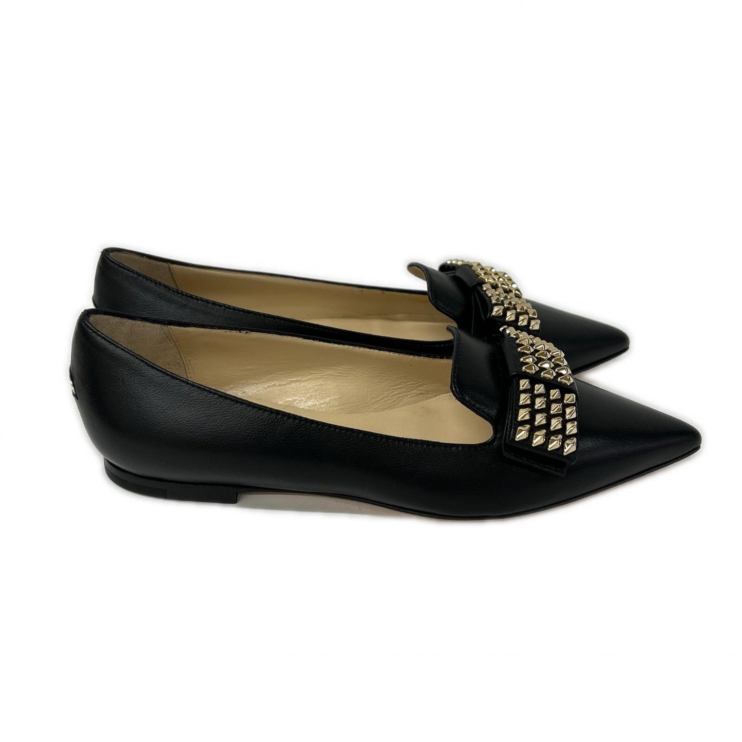 JIMMY CHOO ジミーチュウ 【新品同様】GALA スタッズ リボン ポインテッドトゥ フラット シューズ シューズ