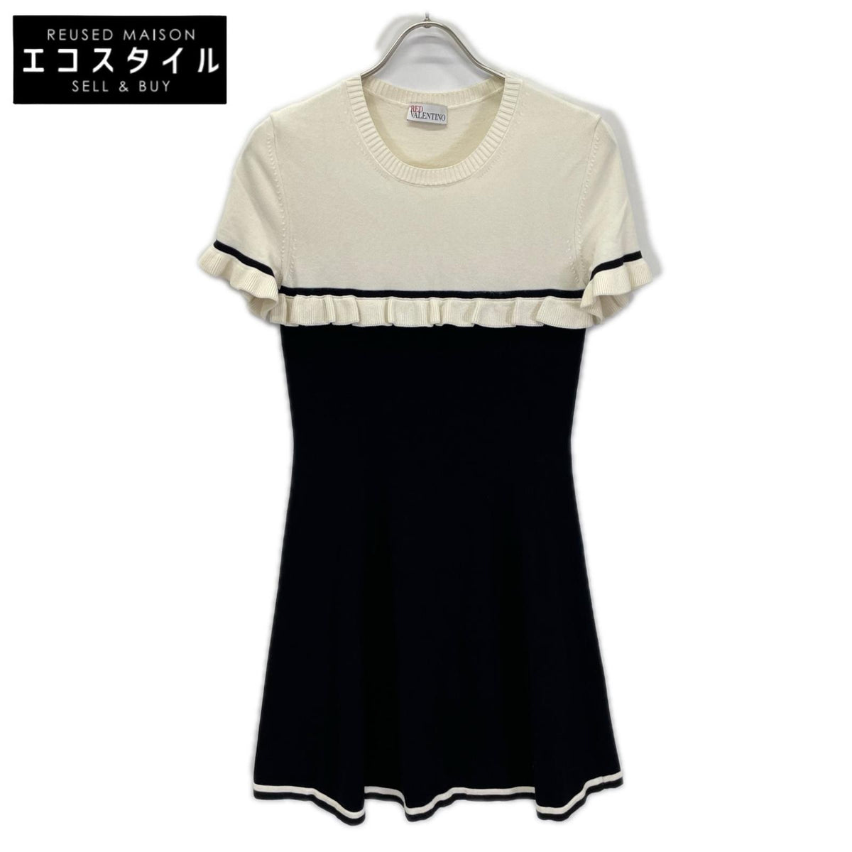 RED VALENTINO レッドヴァレンチノ ホワイト×ブラック ニット フリルワンピース ワンピース