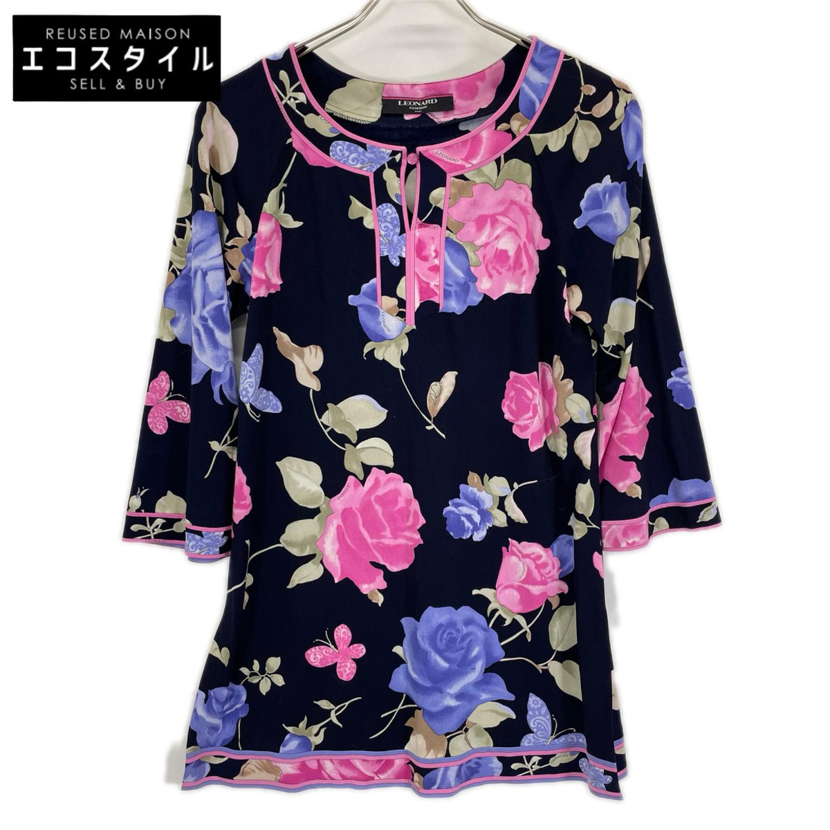 LEONARD レオナール 0159521 ネイビー 花柄 7分袖 チュニック トップス