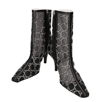 GUCCI グッチ 【新品同様】GG Crystal Black Mesh Motif Ankle Boots GGモノグラム クリスタル メッシュ アンクルブーツ シューズ