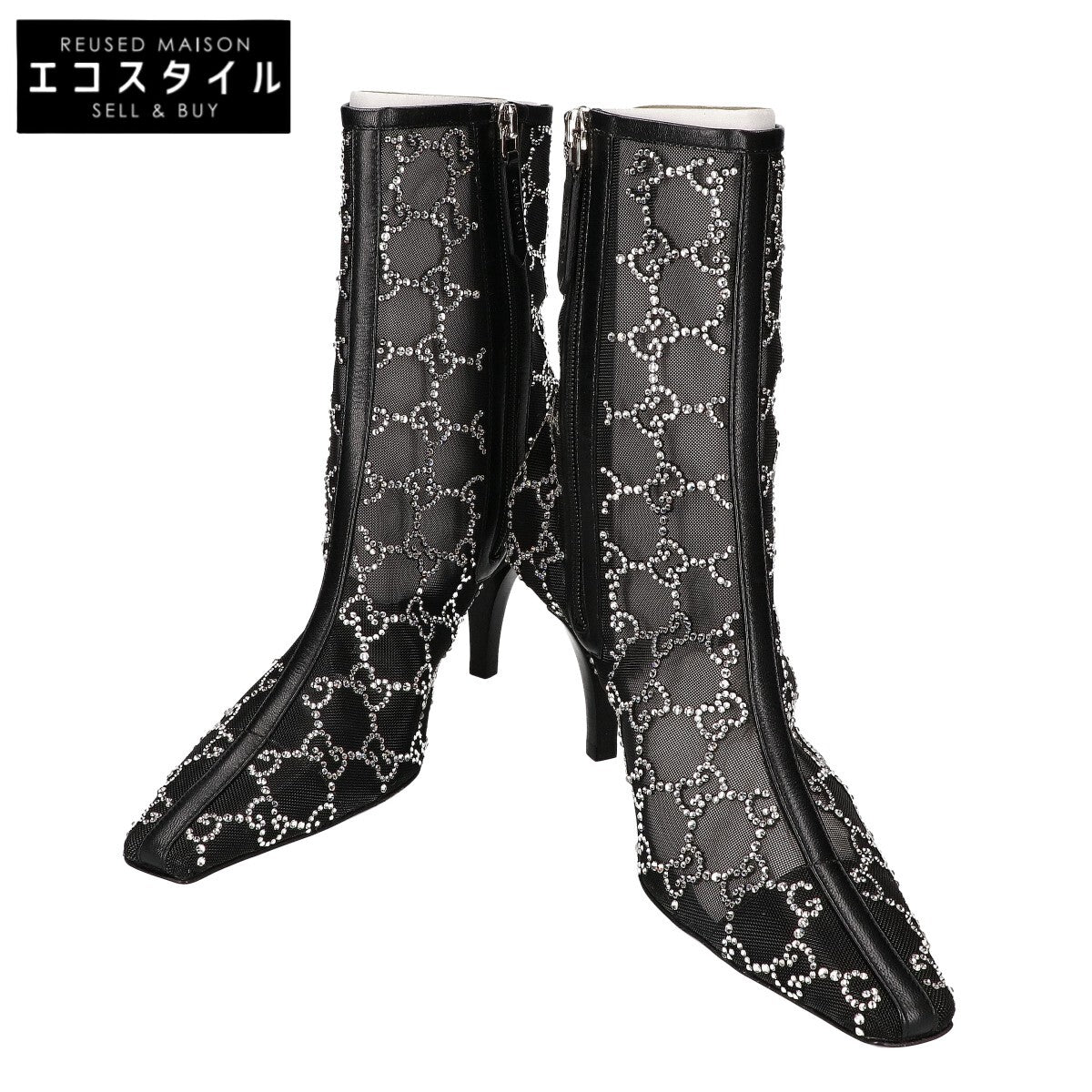 GUCCI グッチ 【新品同様】GG Crystal Black Mesh Motif Ankle Boots GGモノグラム クリスタル メッシュ アンクルブーツ シューズ
