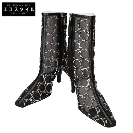 GUCCI グッチ 【新品同様】GG Crystal Black Mesh Motif Ankle Boots GGモノグラム クリスタル メッシュ アンクルブーツ シューズ