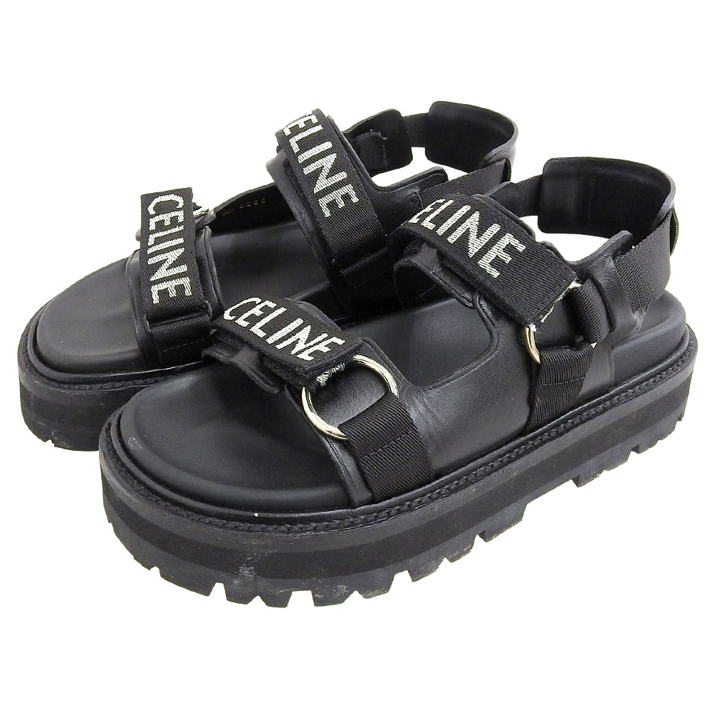 CELINE Leather x Fabric Sandals BULKY Shoes Women's Black 38 1/2 RM1201 Shoes