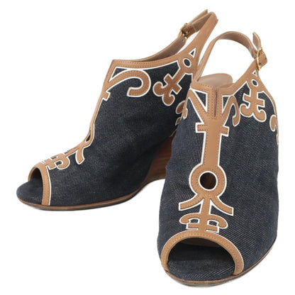 HERMES Denim x Leather Heel Sandals/Shoes