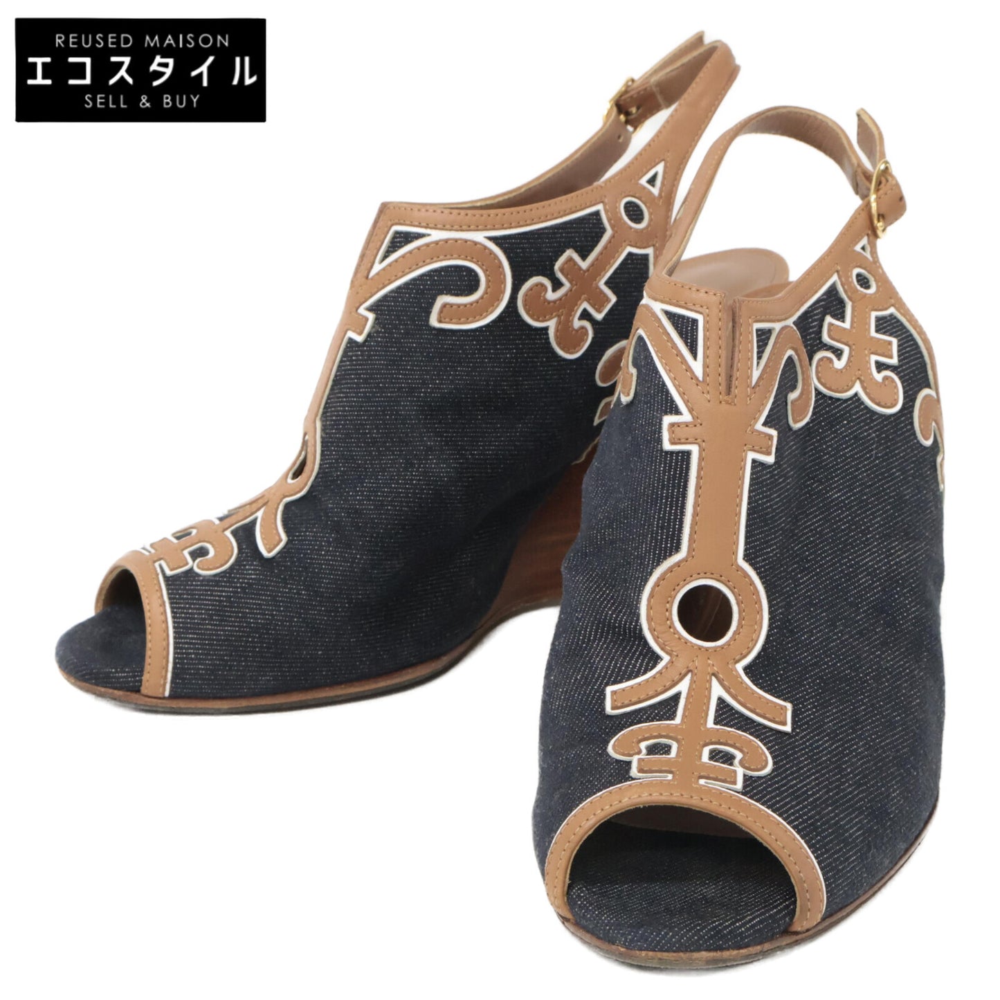 HERMES Denim x Leather Heel Sandals/Shoes