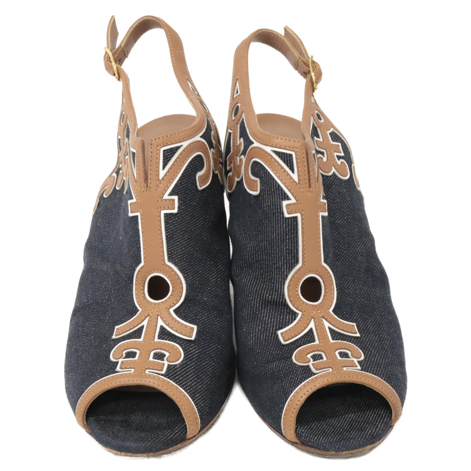 HERMES Denim x Leather Heel Sandals/Shoes