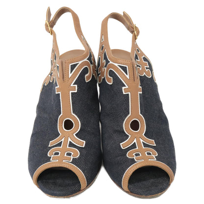 HERMES Denim x Leather Heel Sandals/Shoes