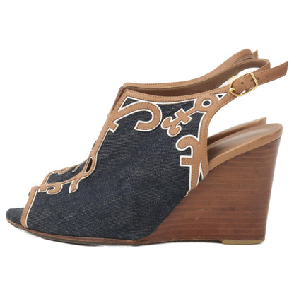 HERMES Denim x Leather Heel Sandals/Shoes