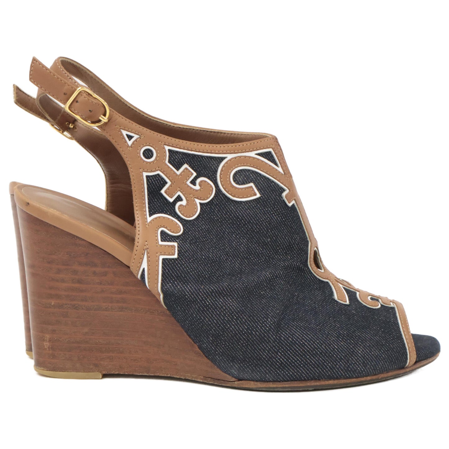 HERMES Denim x Leather Heel Sandals/Shoes