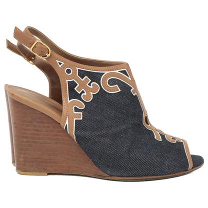 HERMES Denim x Leather Heel Sandals/Shoes