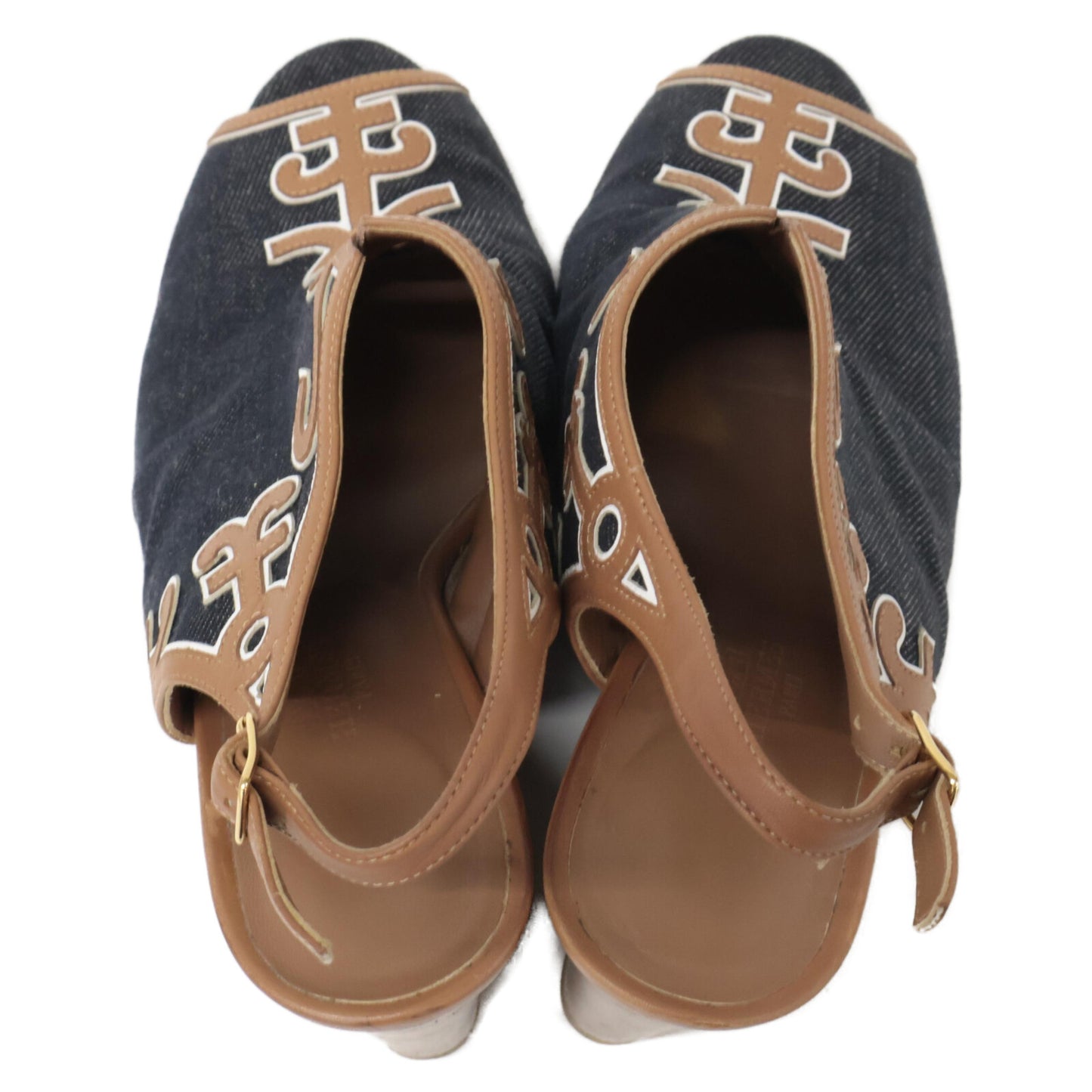 HERMES Denim x Leather Heel Sandals/Shoes