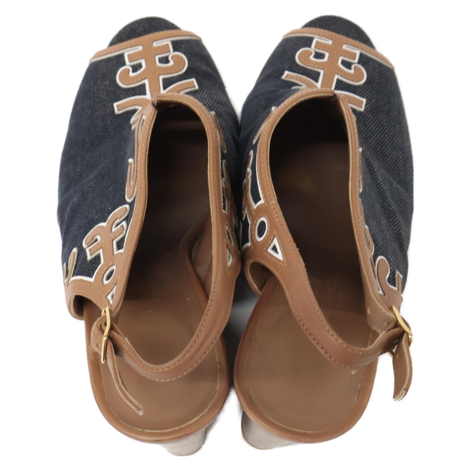 HERMES Denim x Leather Heel Sandals/Shoes