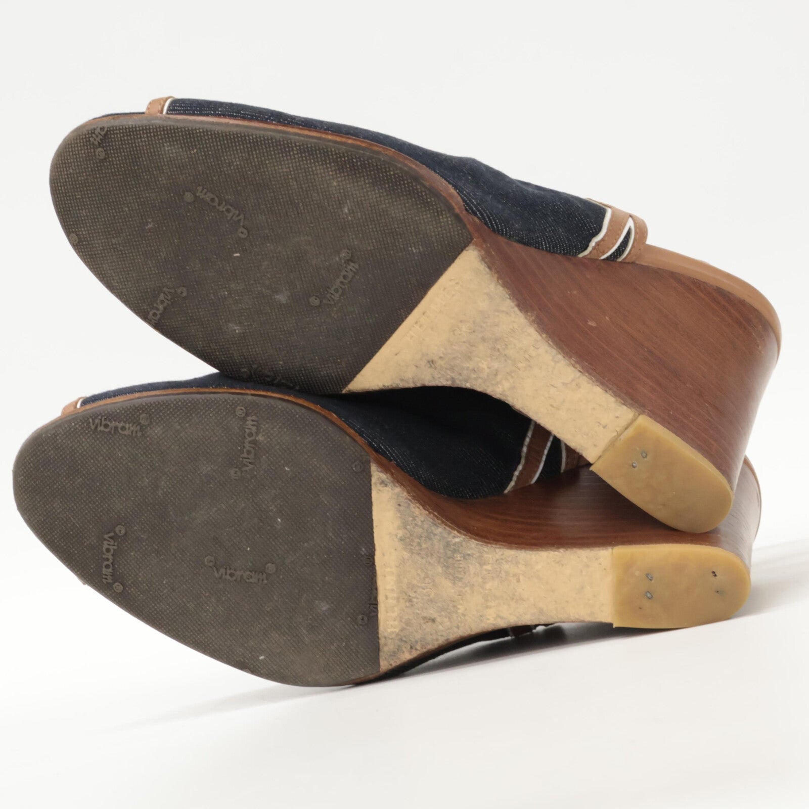 HERMES Denim x Leather Heel Sandals/Shoes