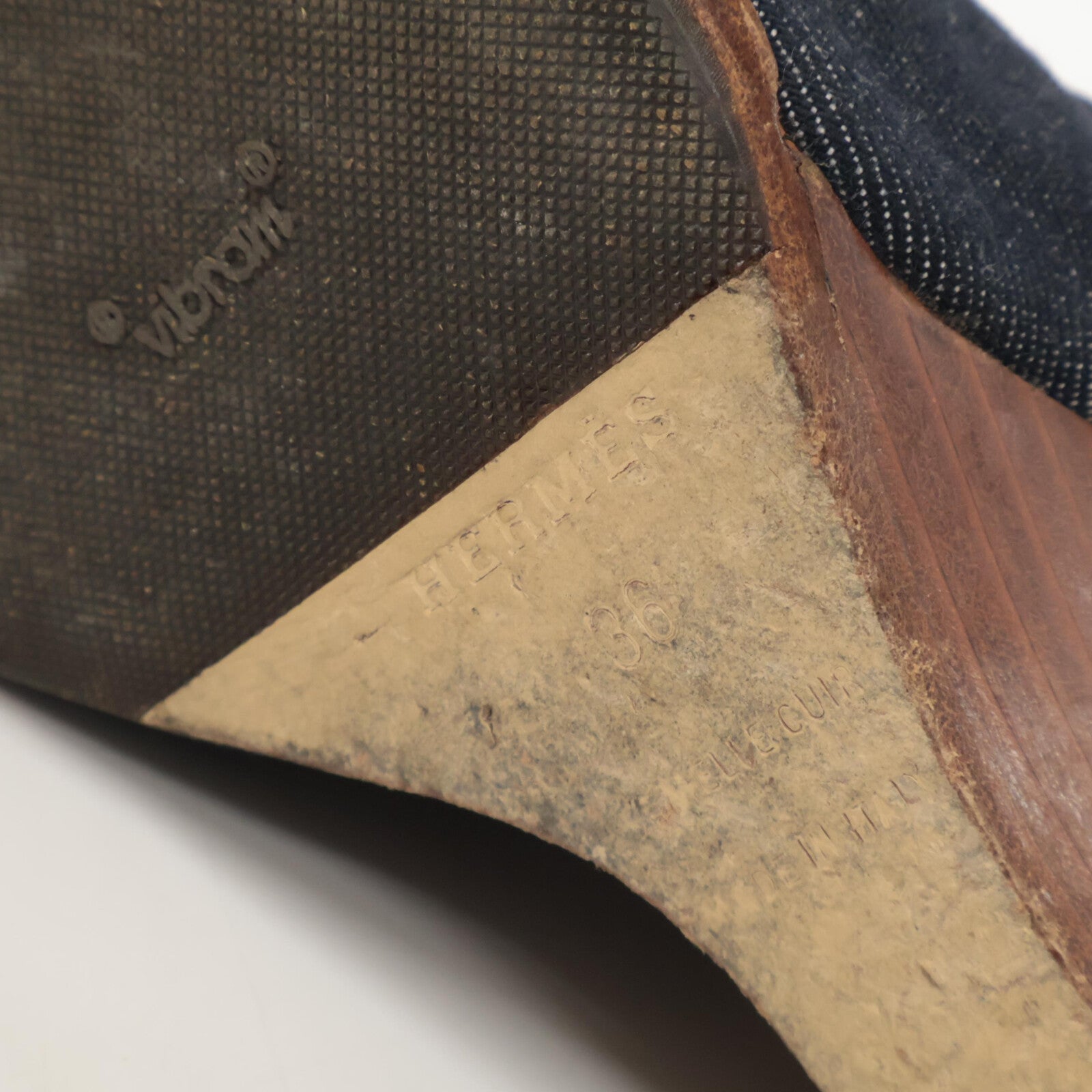 HERMES Denim x Leather Heel Sandals/Shoes