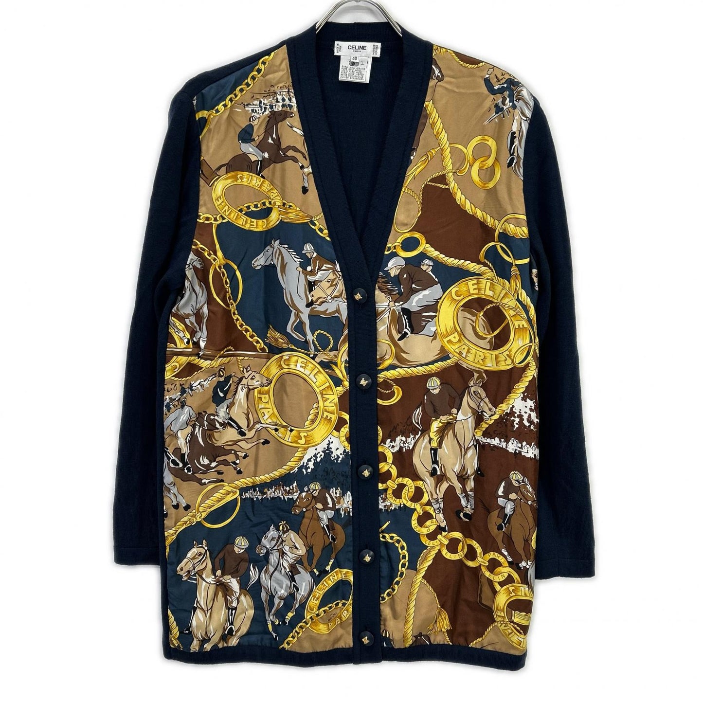 CELINE セリーヌ 1614493 ネイビー ヴィンテージスカーフ柄 シルク カーディガン トップス