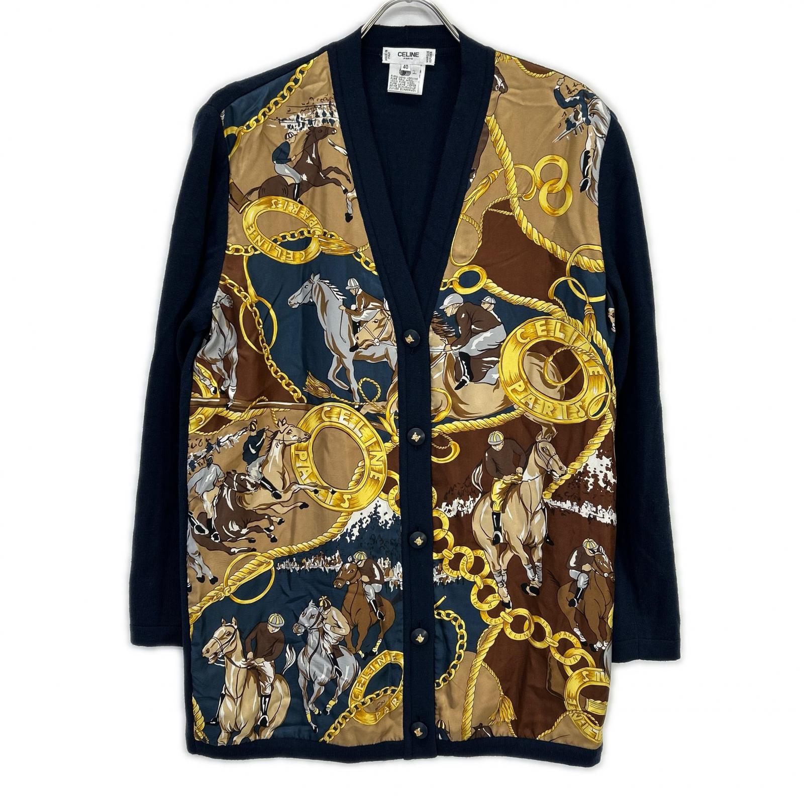 CELINE セリーヌ 1614493 ネイビー ヴィンテージスカーフ柄 シルク カーディガン トップス