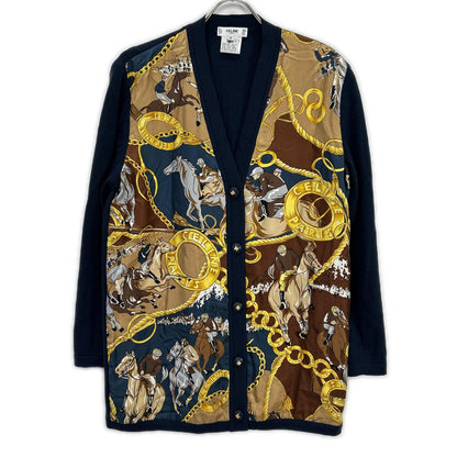 CELINE セリーヌ 1614493 ネイビー ヴィンテージスカーフ柄 シルク カーディガン トップス