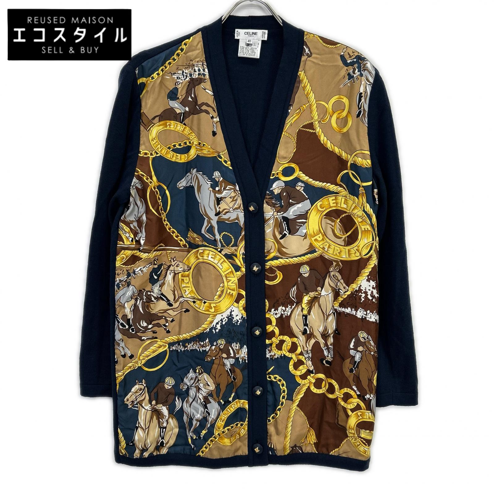 CELINE セリーヌ 1614493 ネイビー ヴィンテージスカーフ柄 シルク カーディガン トップス