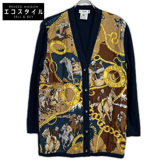 CELINE セリーヌ 1614493 ネイビー ヴィンテージスカーフ柄 シルク カーディガン トップス
