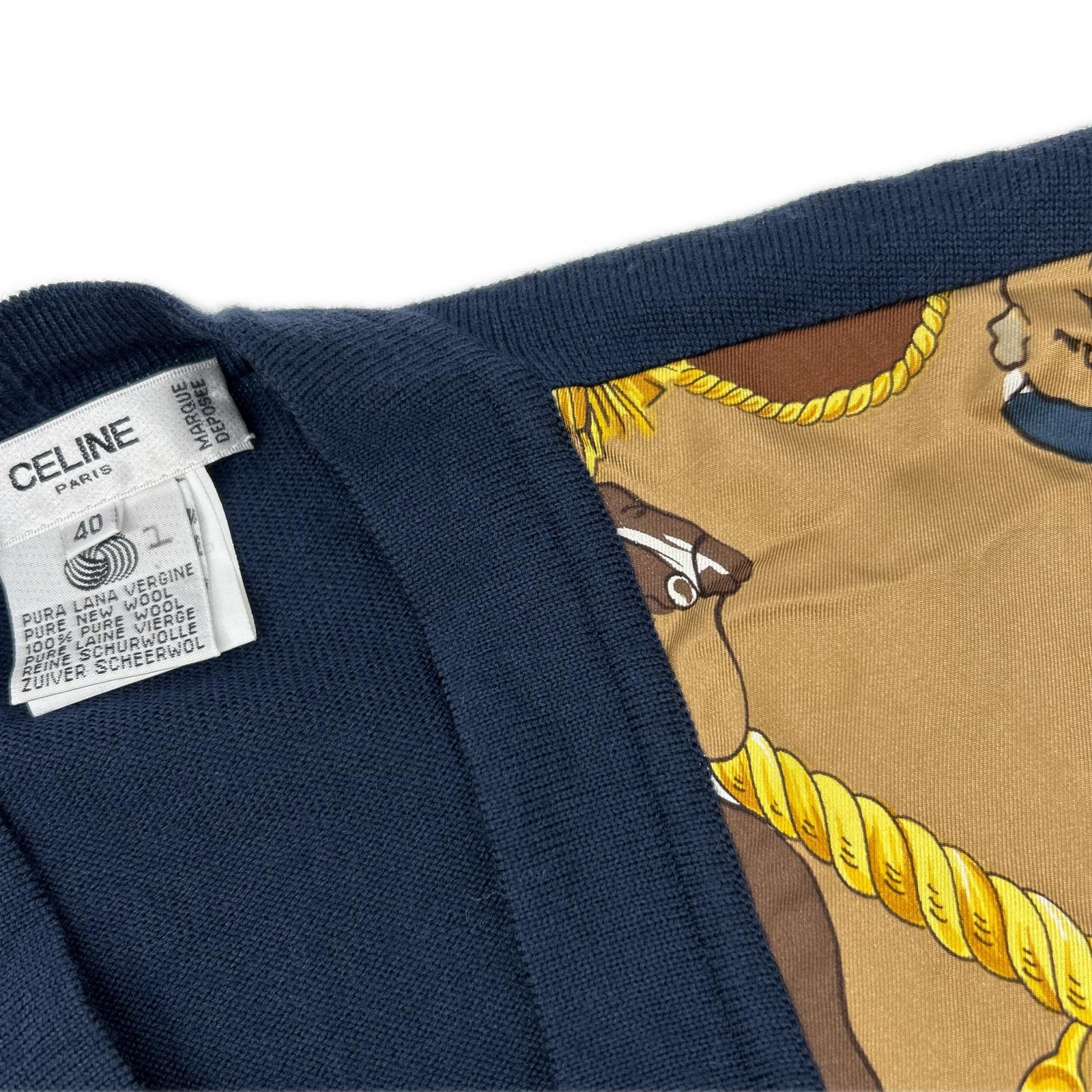 CELINE セリーヌ 1614493 ネイビー ヴィンテージスカーフ柄 シルク カーディガン トップス