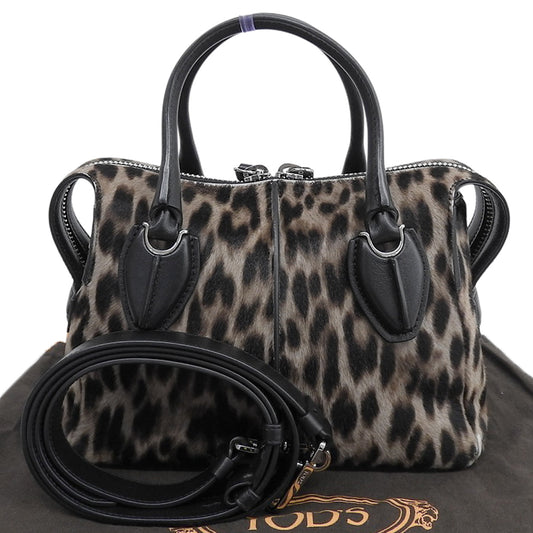 TOD'S D-Styling Leopard Calf Hair x Leather 2-way Handbag for Women Brown Handbag
