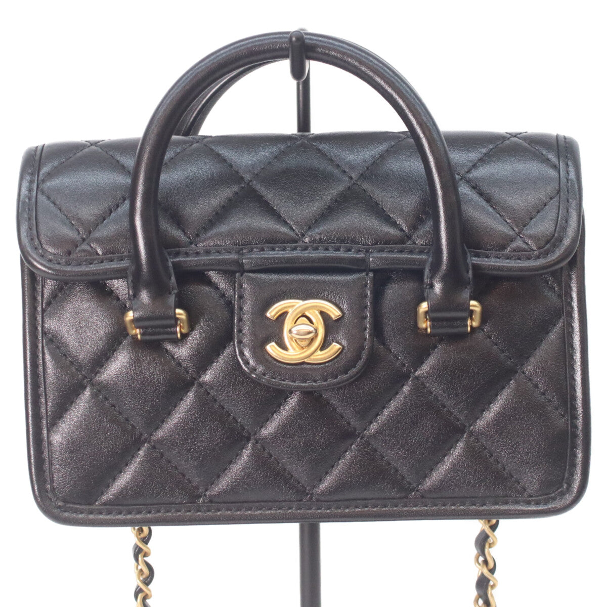 CHANEL シャネル 25AW 黒 ラムスキン ゴールド金具 マトラッセ 2WAYミニフラップチェーンハンドルバッグ ショルダーバッグ